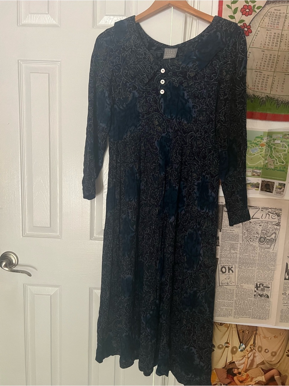 Women's Dark Blue Patterned Long Sleeve Midi Dress